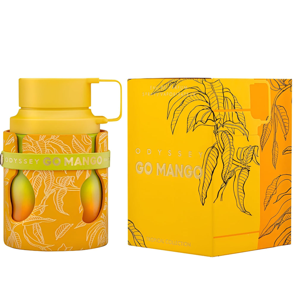 Sterling Parfums Armaf Odyssey Go Mango packaging evokes gift-ready tropical vibes.