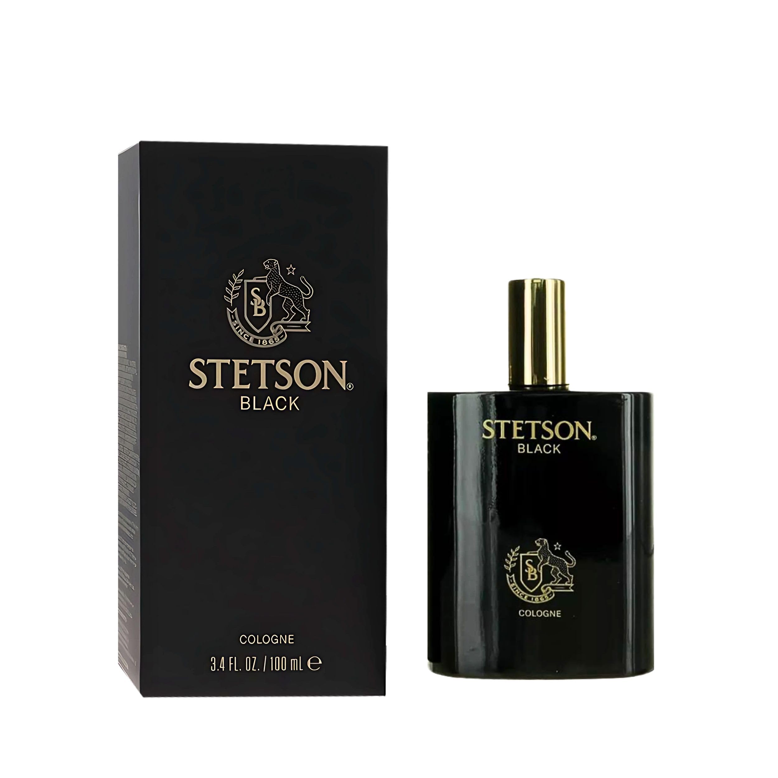 Stetson Black bottle closeup highlights masculine packaging for daily wear.