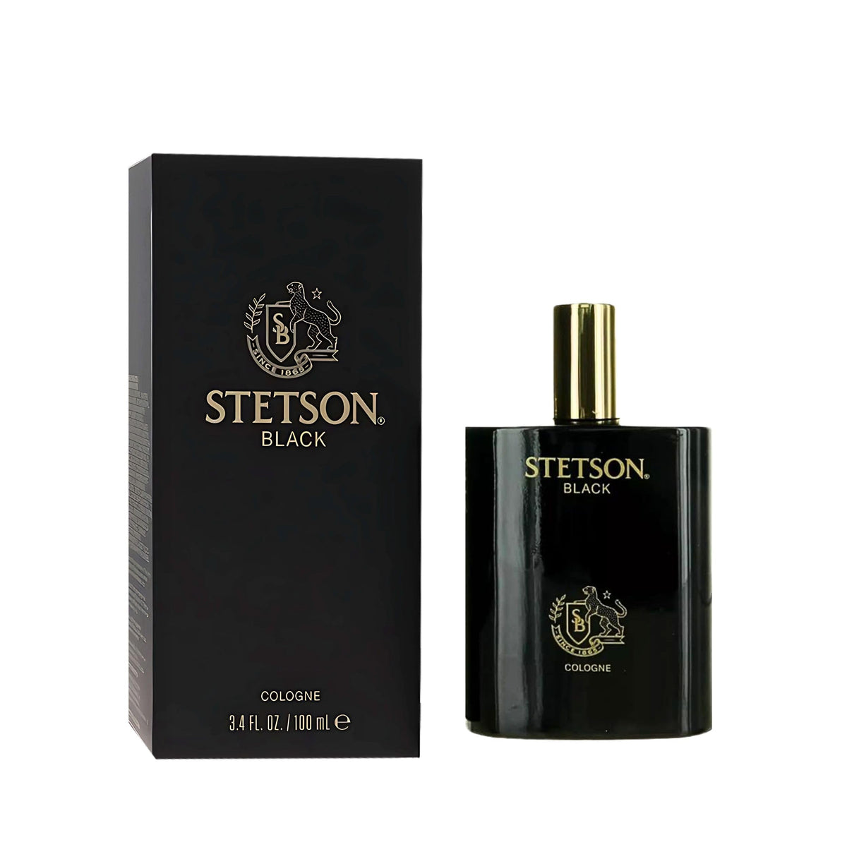Stetson Black bottle closeup highlights masculine packaging for daily wear.