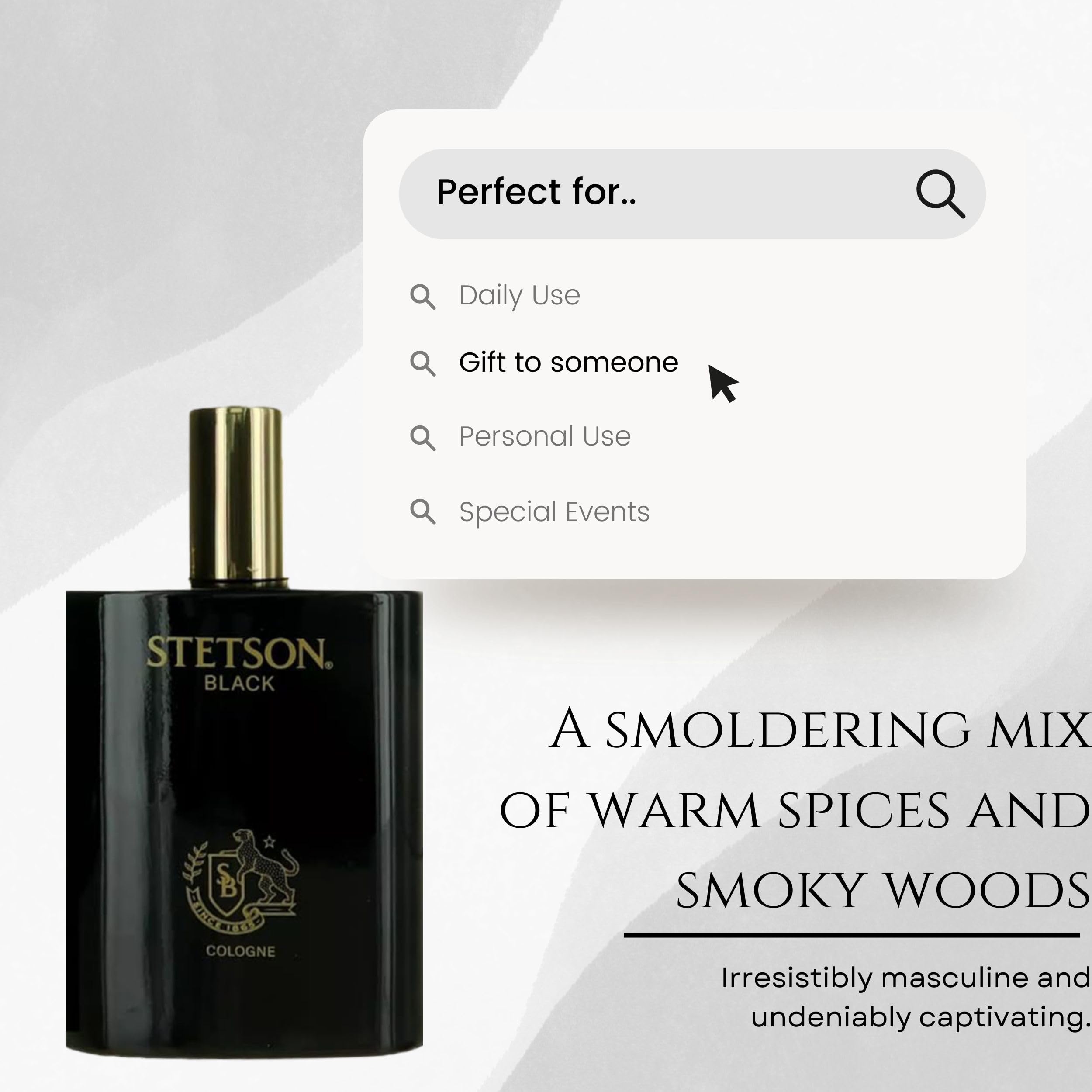 Stetson Black bottle in ambient light emphasizes the woody-spicy-musk profile.