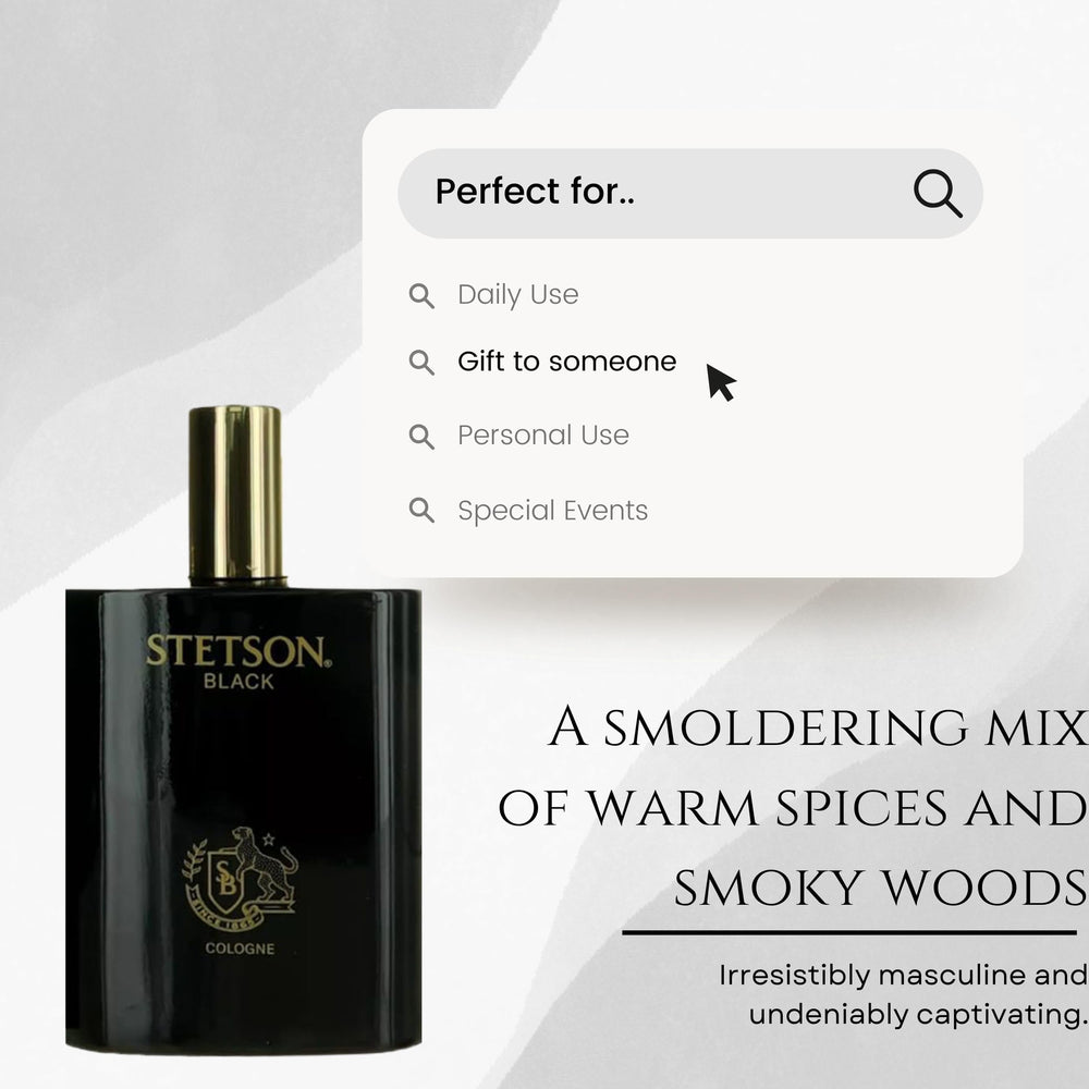 Stetson Black bottle in ambient light emphasizes the woody-spicy-musk profile.