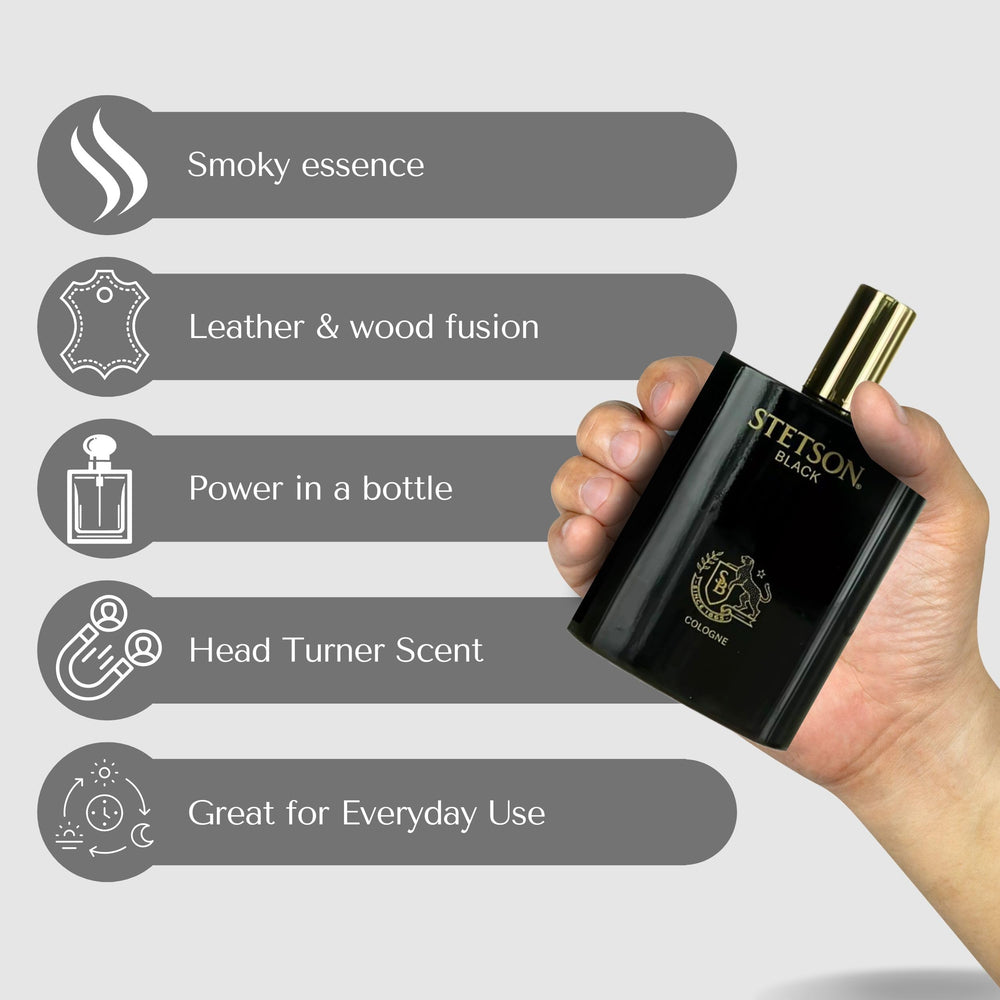 Stetson Black spray bottle demonstrates easy, even application for long-lasting presence.