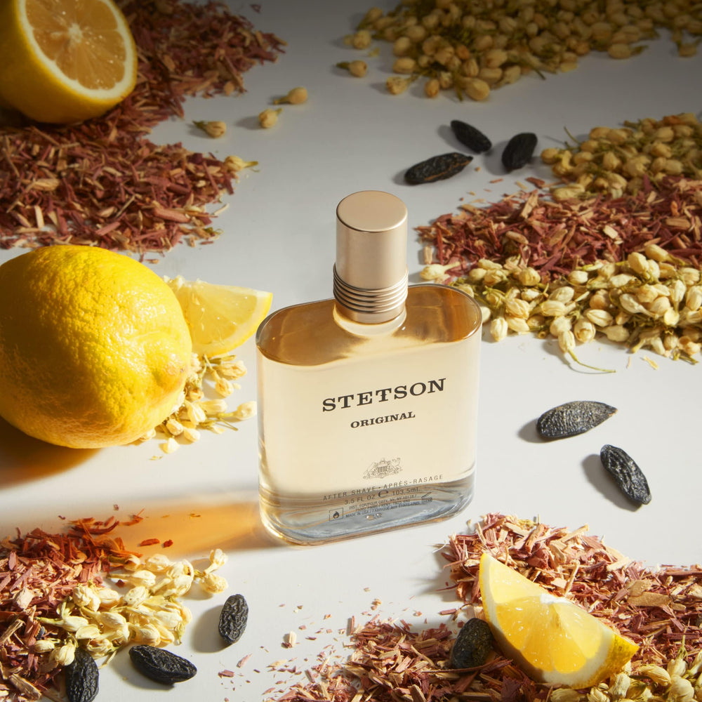 Stetson Original Aftershave bottle in travel case shows on-the-go freshness.