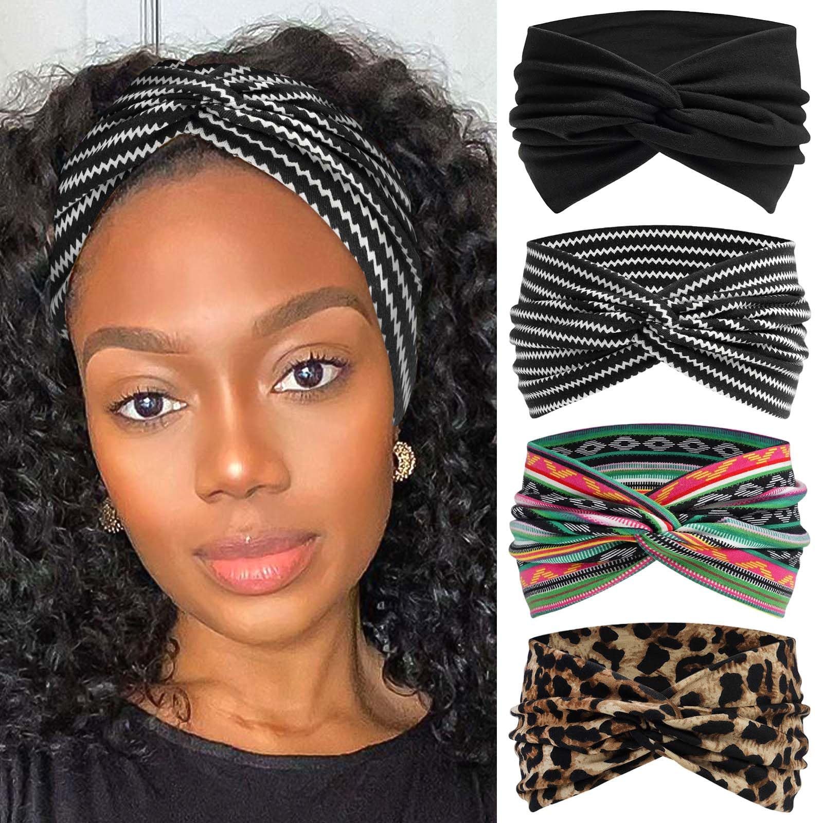 STGDAK four-pack wide headbands with stripe knots for versatile everyday styling.