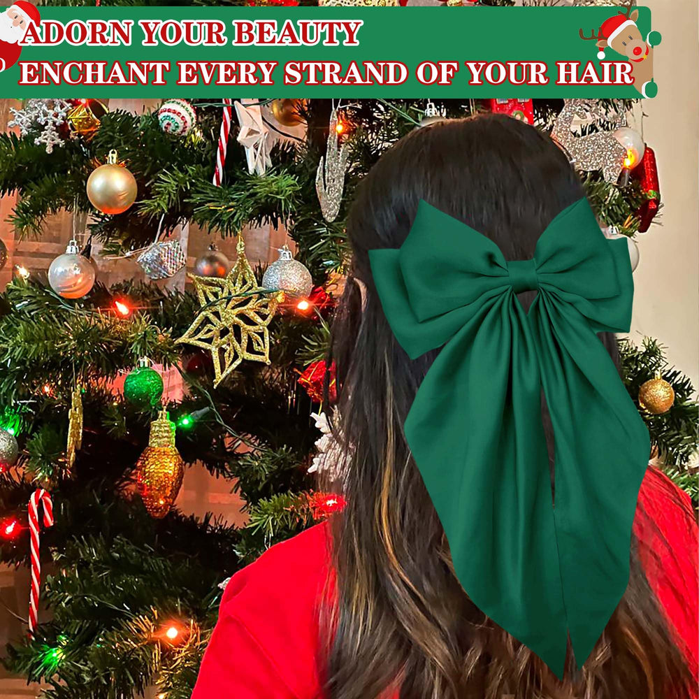 STGDAK green satin bow clip on hair for festive outfits