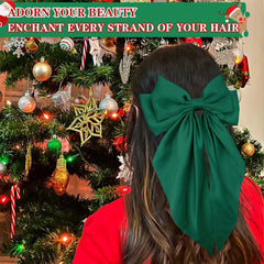 STGDAK green satin bow clip on hair for festive outfits