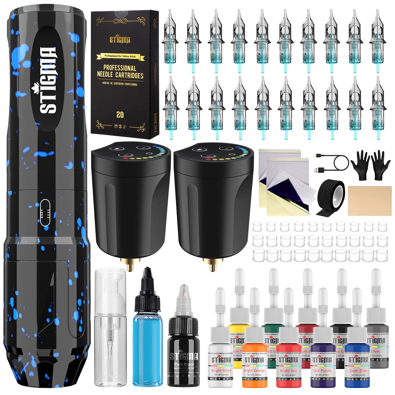 STIGMA wireless tattoo gun kit front view shows compact beginner setup