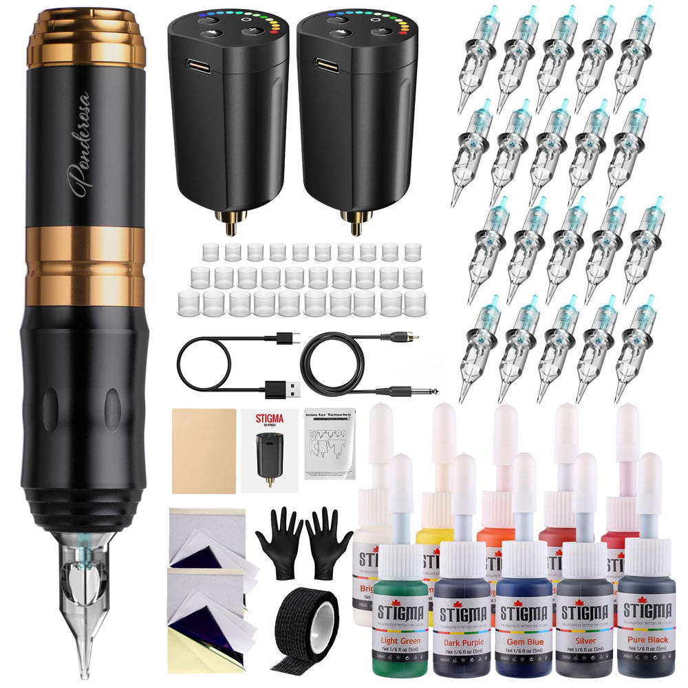 STIGMA wireless tattoo gun kit with pro short pen for precise outlining and shading.