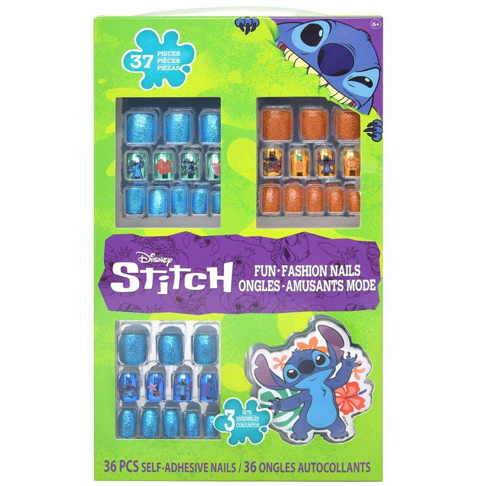 Stitch glitter nails display demonstrates variety and easy-to-apply nail art for birthday kits