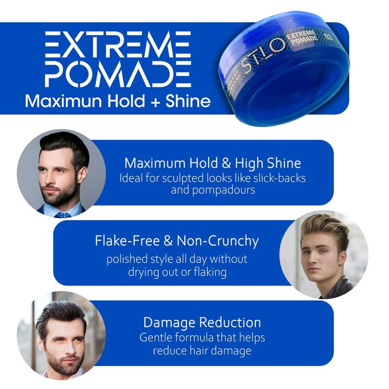 STLO Extreme Pomade slick-back look demonstrating maximum hold and glossy finish