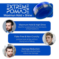 STLO Extreme Pomade slick-back look demonstrating maximum hold and glossy finish