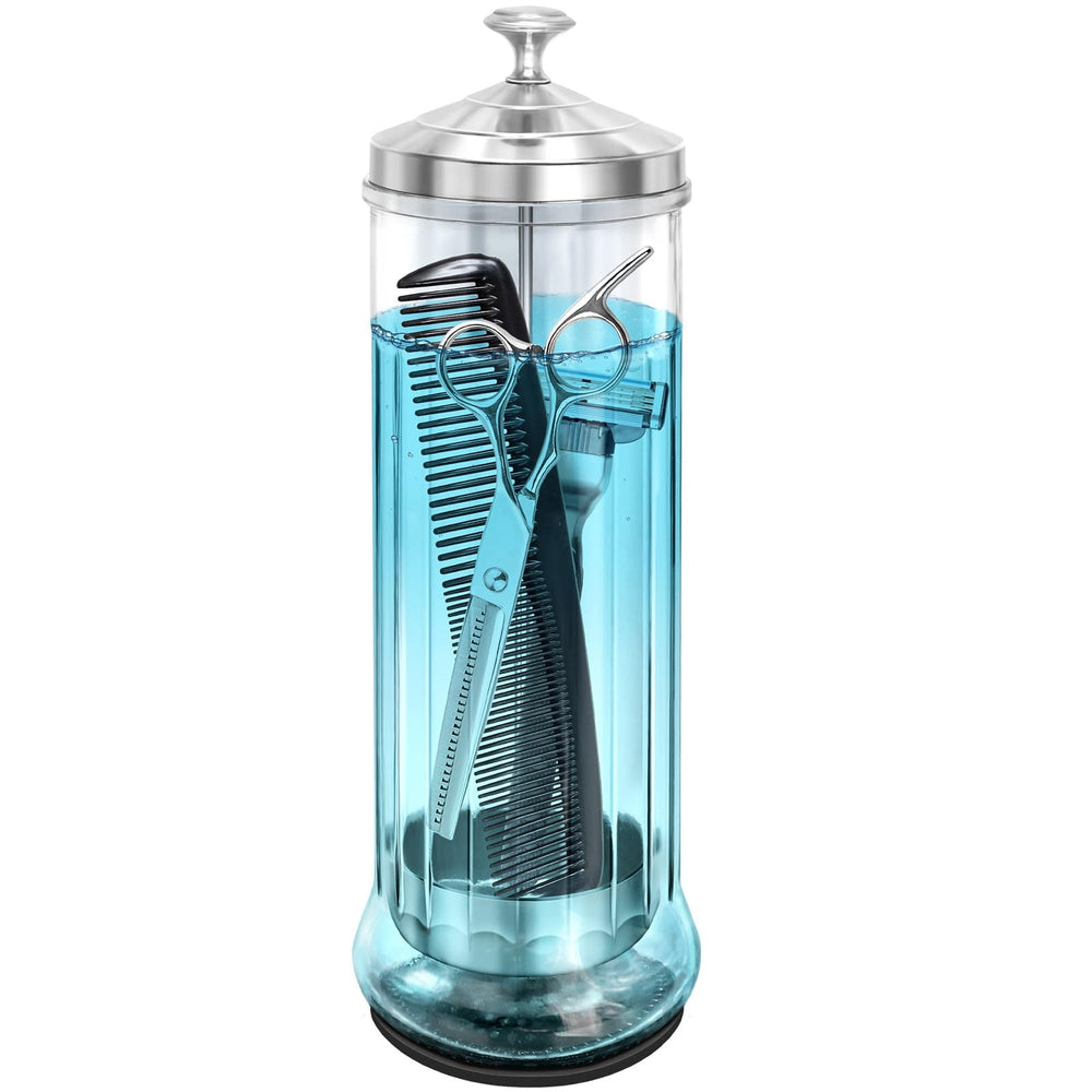 STNFAREBI glass disinfectant jar front view for organized salon tool sterilization.