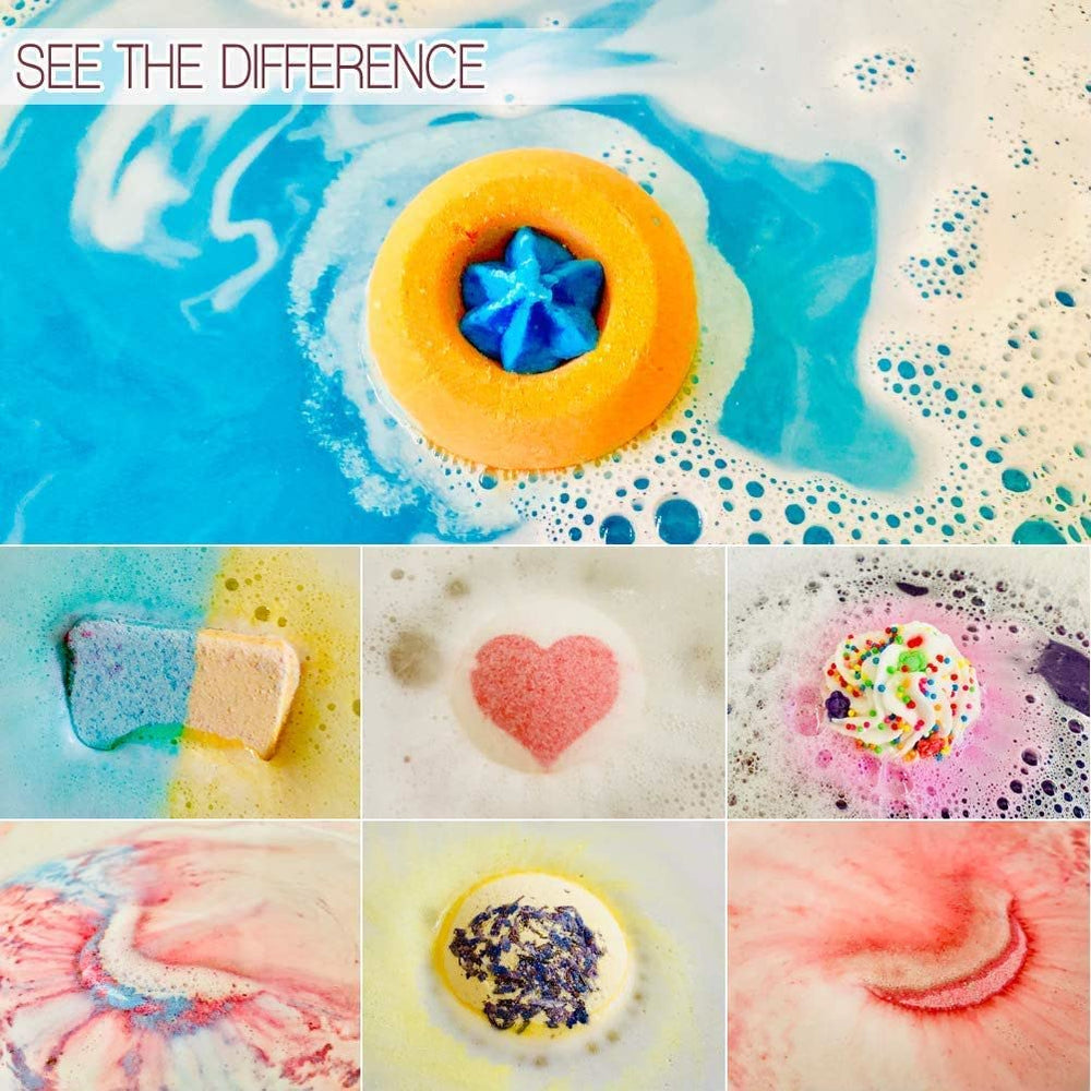STNTUS INNOVATIONS bath bomb close-up showing fizz and vibrant colors.