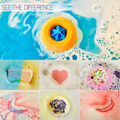 STNTUS INNOVATIONS bath bomb close-up showing fizz and vibrant colors.