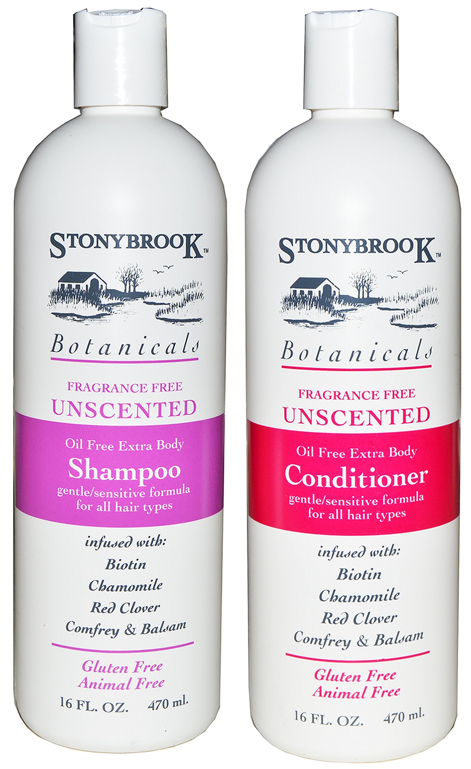 Stonybrook fragrance-free shampoo and conditioner set packaging showing gentle, unscented cleansing for sensitive skin.