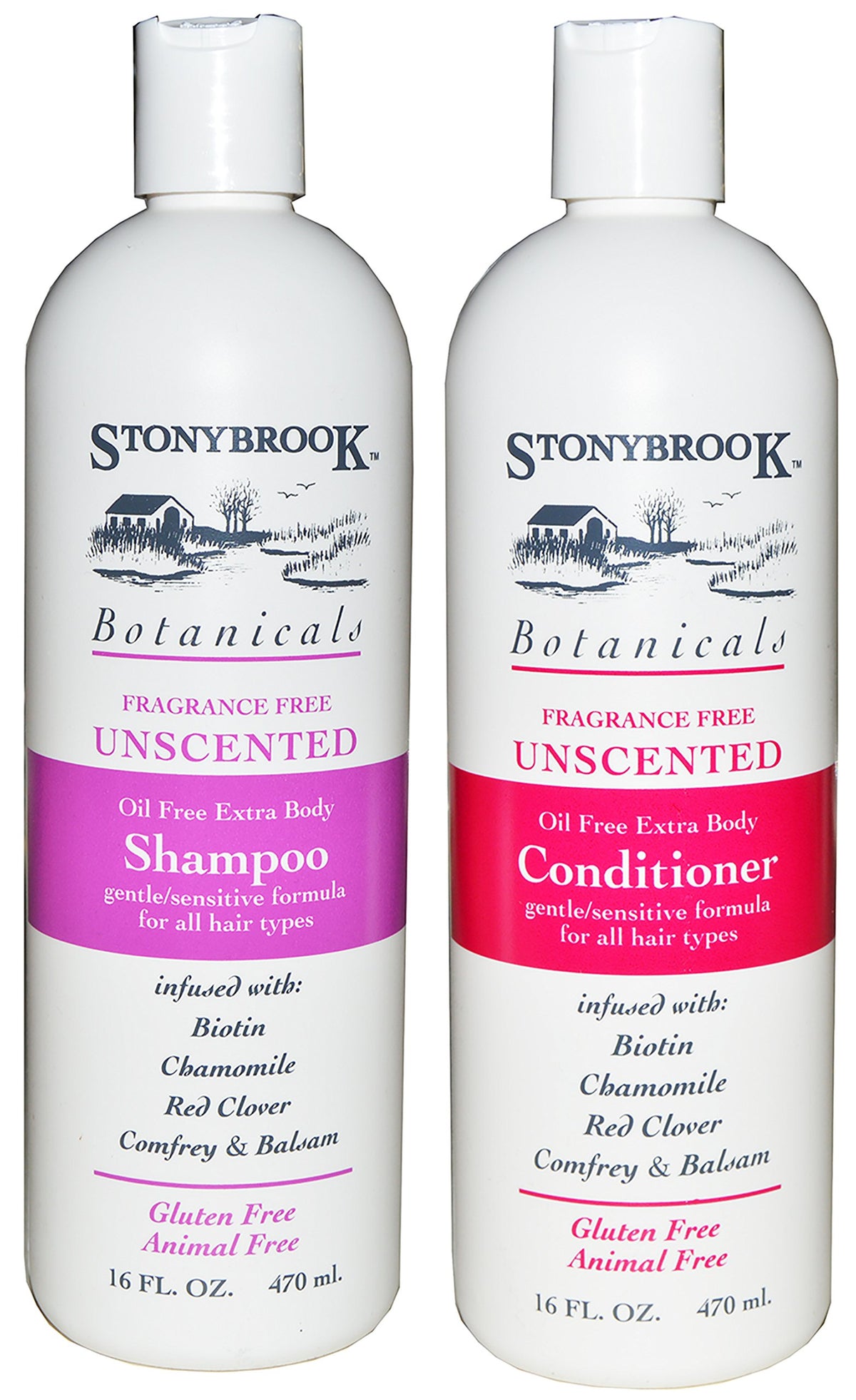 Stonybrook fragrance-free shampoo and conditioner set packaging showing gentle, unscented cleansing for sensitive skin.