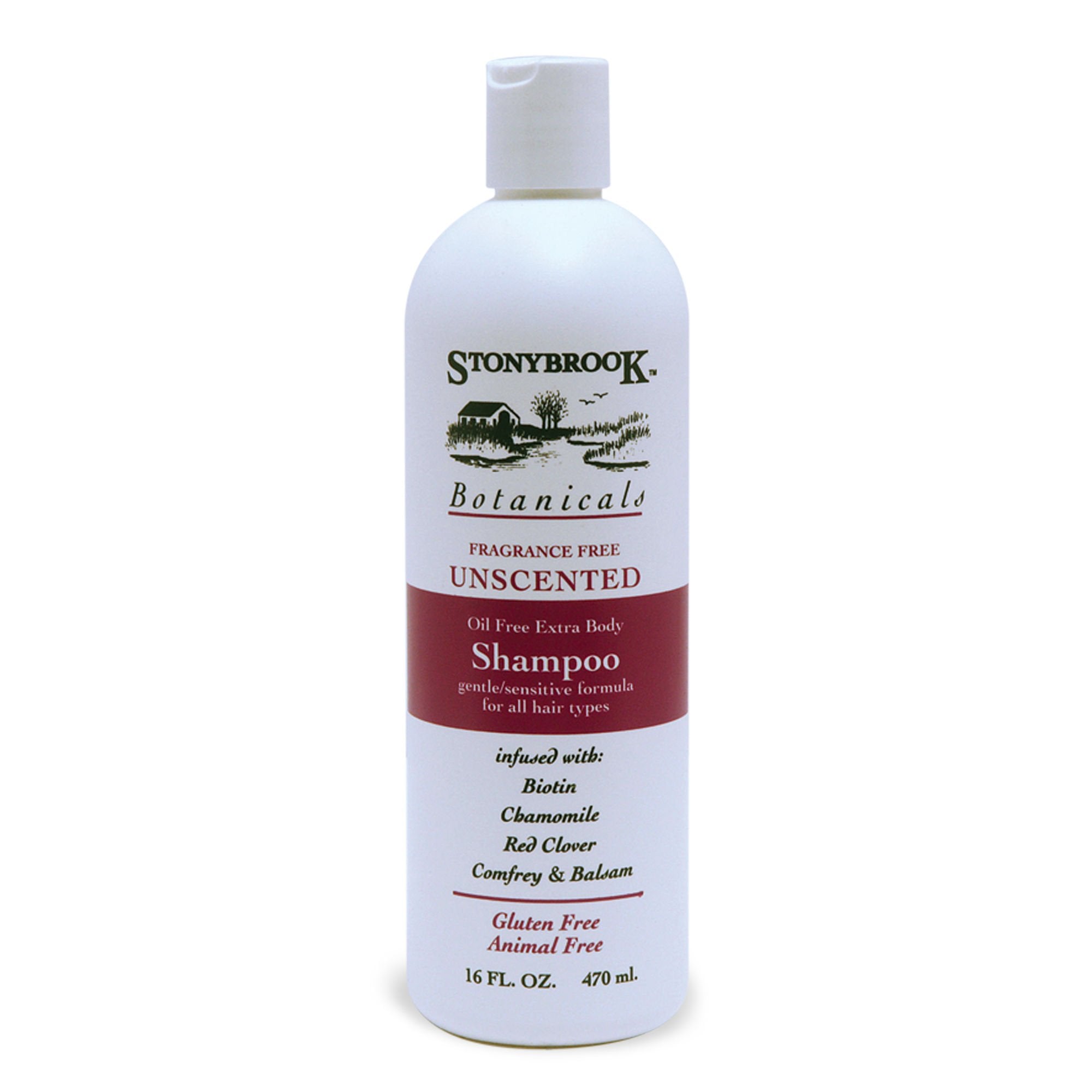 Stonybrook unscented shampoo bottle back view, informs size and versatile daily use for sensitive scalps.