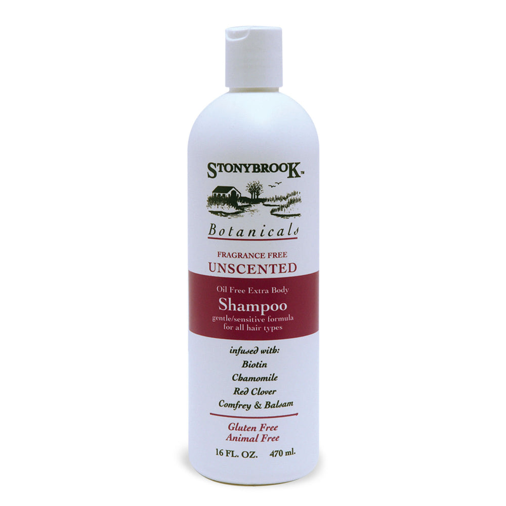 Stonybrook unscented shampoo bottle back view, informs size and versatile daily use for sensitive scalps.