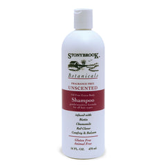 Stonybrook unscented shampoo bottle back view, informs size and versatile daily use for sensitive scalps.