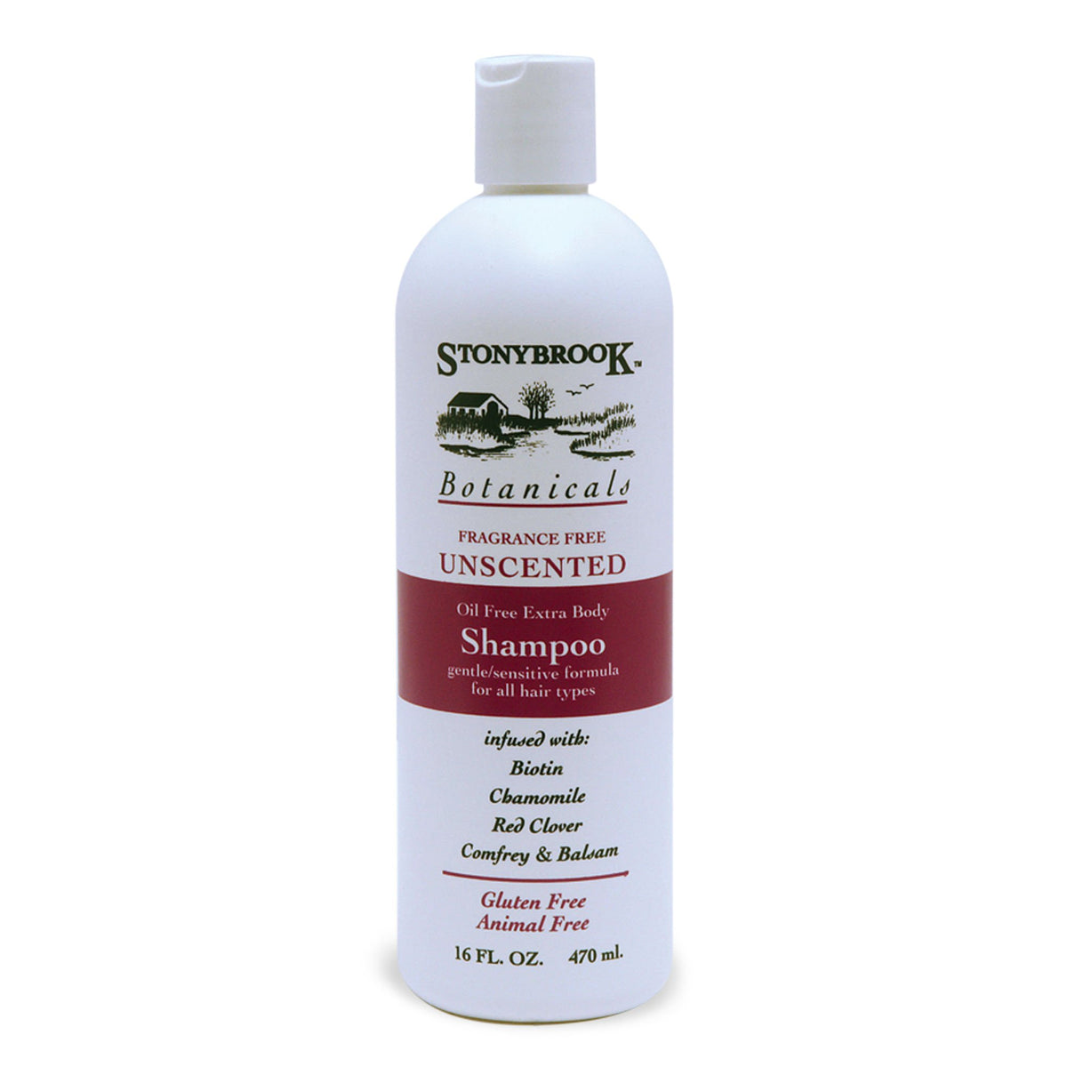 Stonybrook unscented shampoo bottle front view, highlighting fragrance-free formula for everyday hair care.