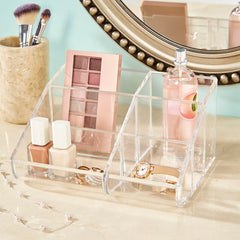 STORi 6-compartment makeup organizer neatly holds brushes, palettes, and beauty essentials.