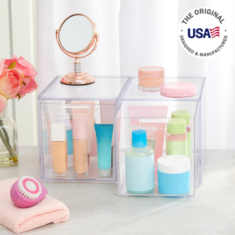 STORi Audrey Stackable Bin fits bathroom cabinet for cosmetics, tools, and daily essentials.