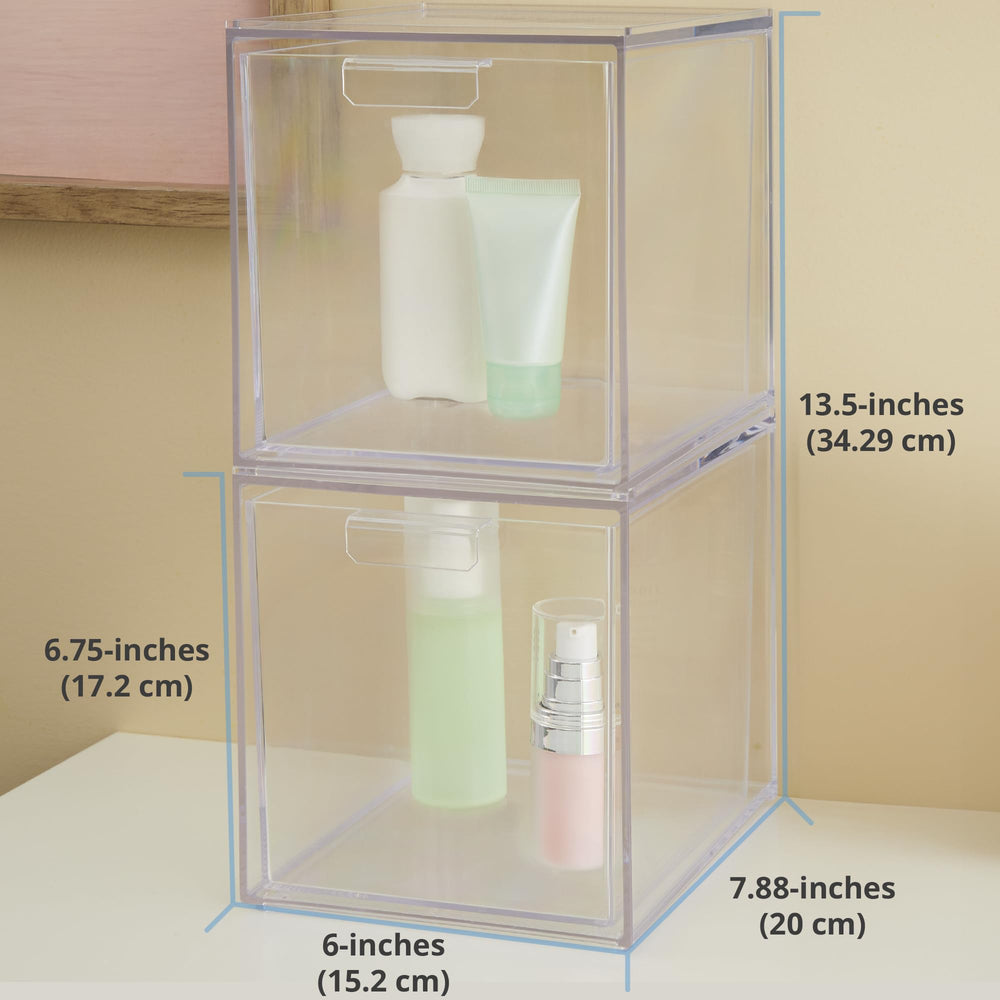 STORi Audrey Stackable Bin dual setup saves space in a cabinet or vanity.