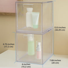 STORi Audrey Stackable Bin dual setup saves space in a cabinet or vanity.
