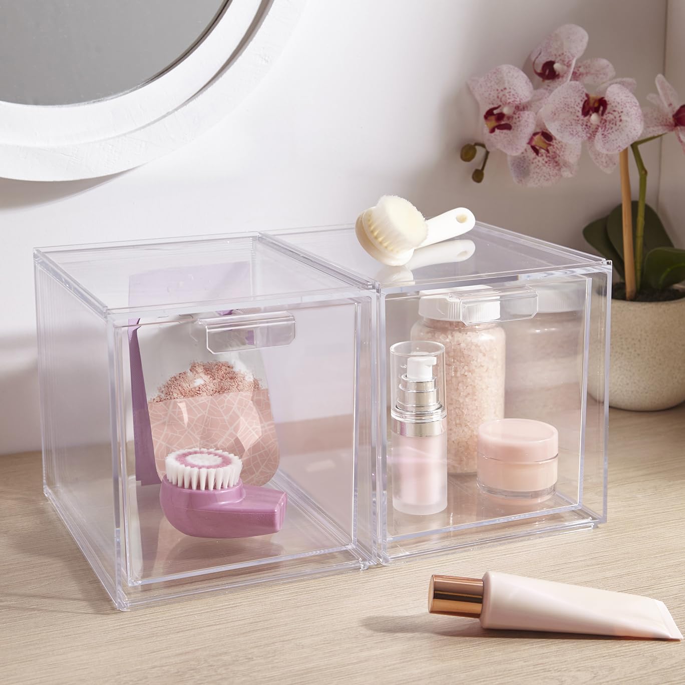 STORi Audrey Stackable Bin stores jewelry and makeup with organized accessibility.