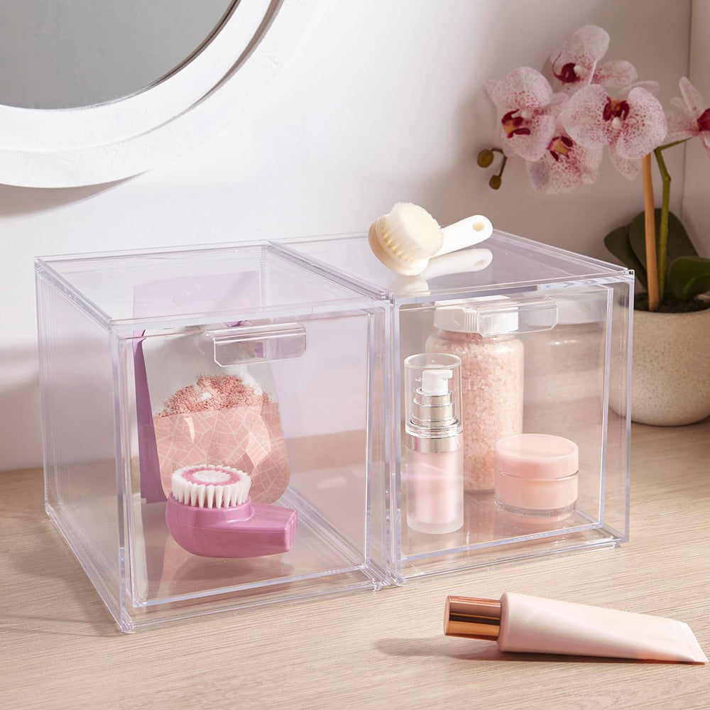 STORi Audrey Stackable Bin stores jewelry and makeup with organized accessibility.