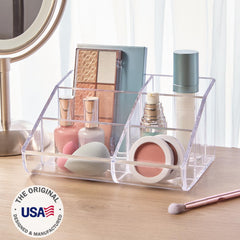 STORi BPA-free clear plastic bin maintains tidy makeup on a dresser.