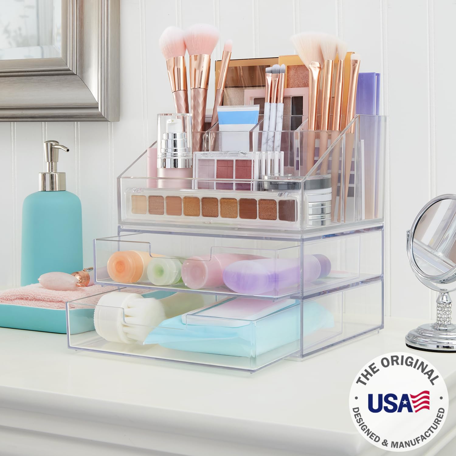STORi Chloe double-drawer organizer opened to reveal customizable compartments for cosmetics.