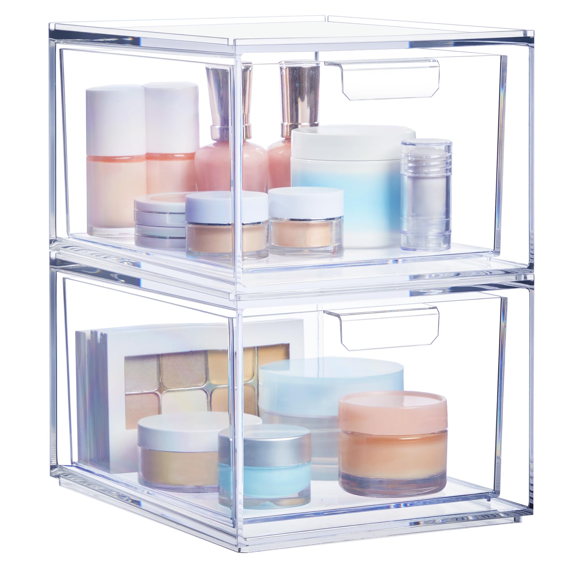STORi Audrey stackable bin drawers organize vanity cosmetics for easy morning routines.