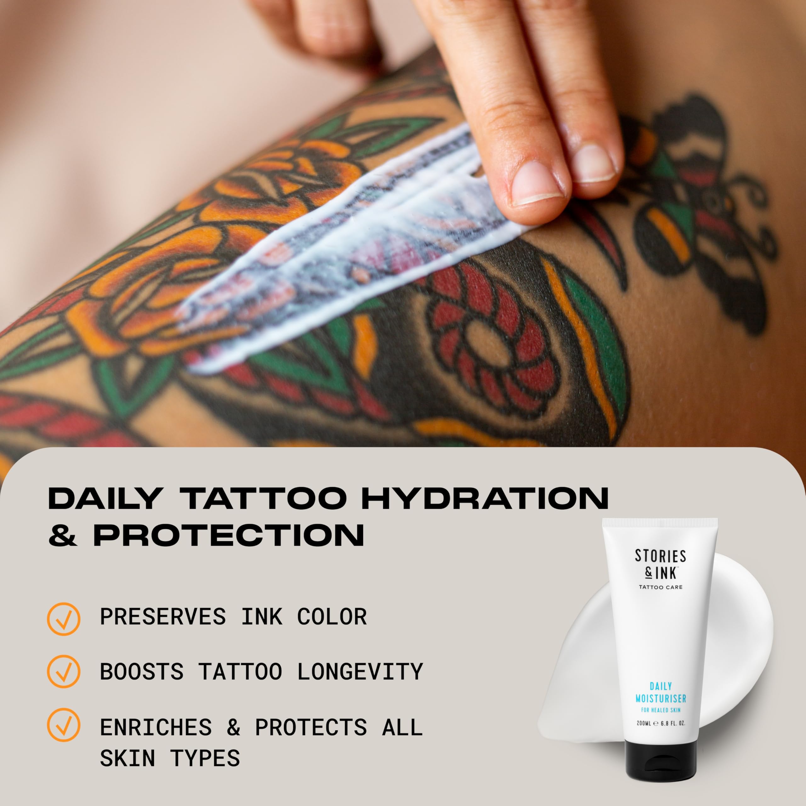 Stories & Ink Daily Moisturizer texture close-up shows silky hydration for healed tattoos