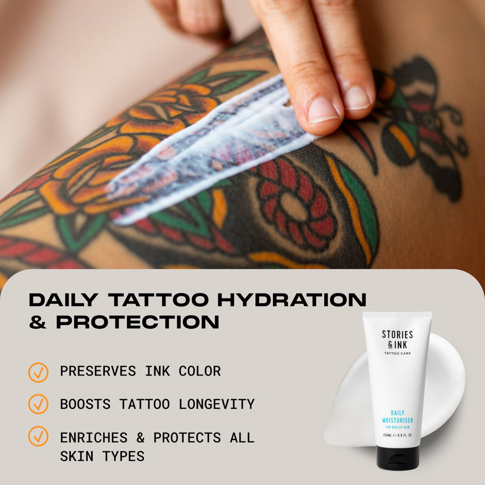 Stories & Ink Daily Moisturizer texture close-up shows silky hydration for healed tattoos
