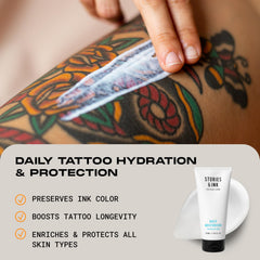Stories & Ink Daily Moisturizer texture close-up shows silky hydration for healed tattoos