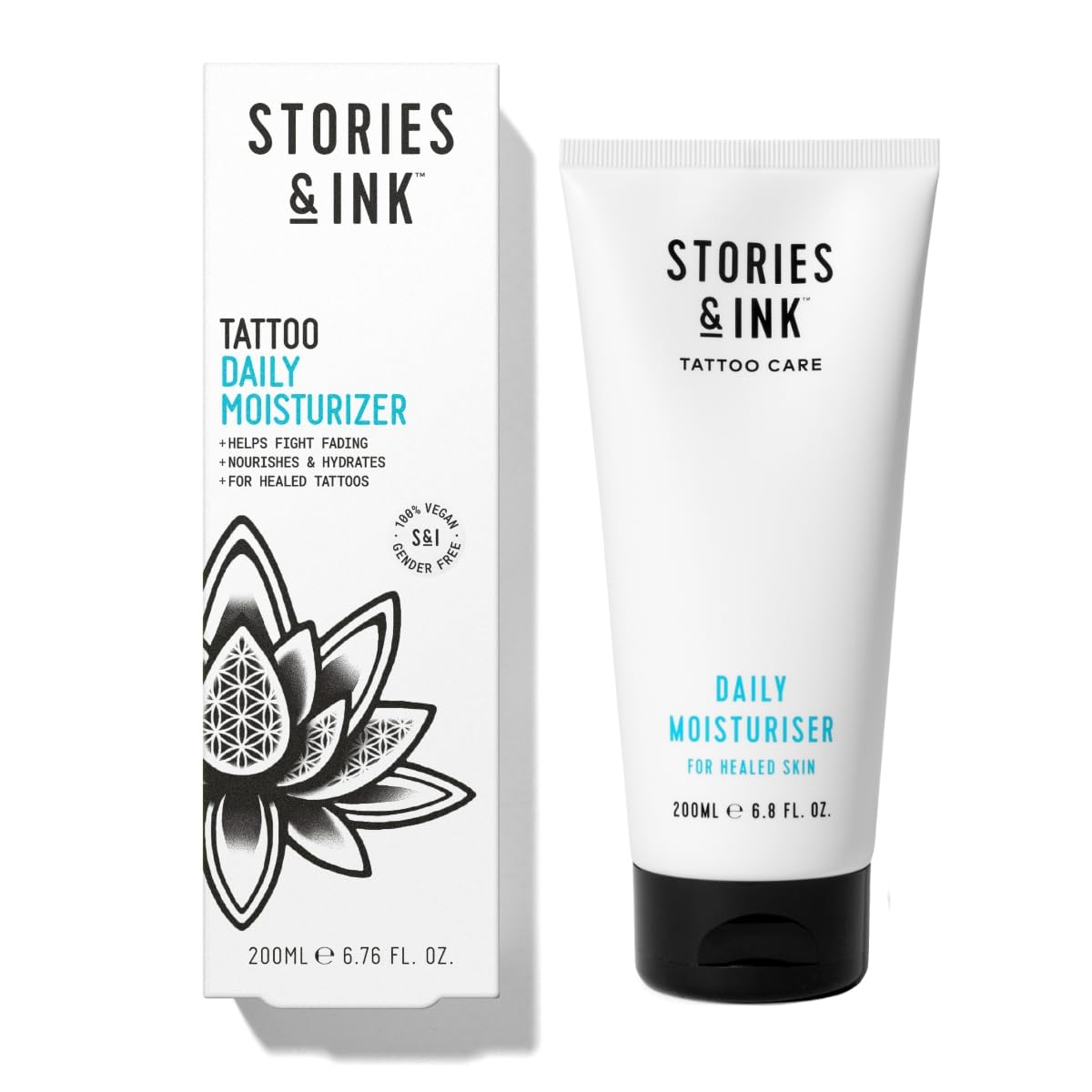 Stories & Ink Daily Moisturizer UK-made packaging demonstrates long-lasting hydration for healed skin
