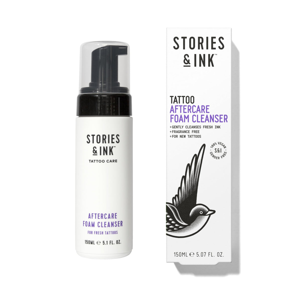 Stories & Ink aftercare foam cleanser bottle side shows gentle cleansing for fresh tattoos