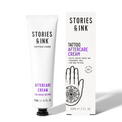 Stories & Ink tattoo care cream tin close-up; fragrance-free to calm skin.