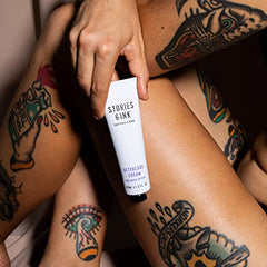 Stories & Ink fragrance-free label shown for sensitive-area skin care.