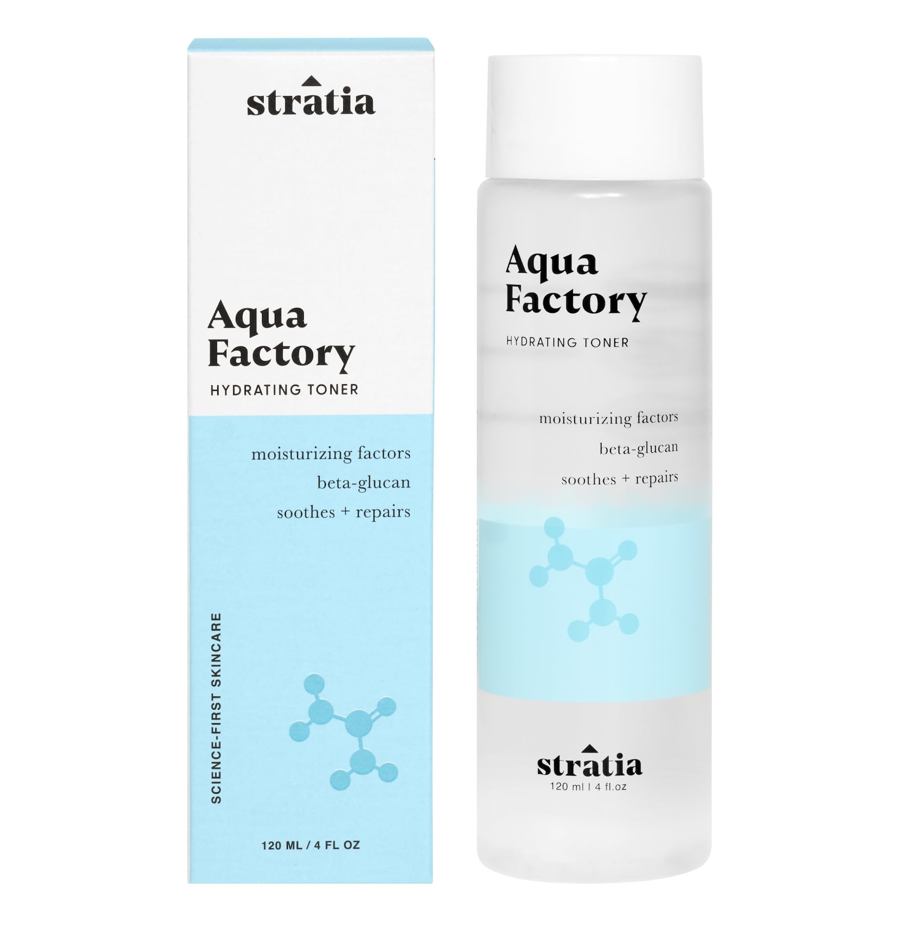 Stratia Aqua Factory Toner bottle ready for daily hydration and barrier support.