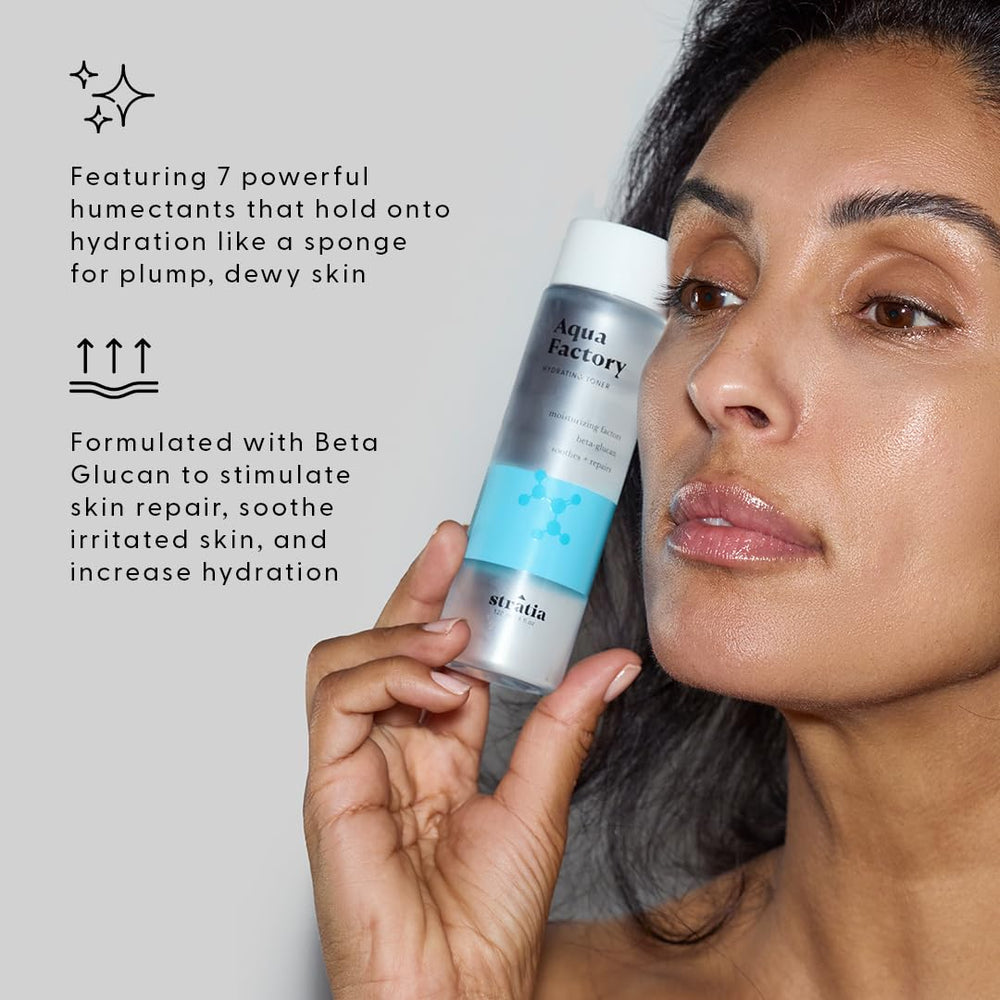 Stratia Aqua Factory Toner pump-dispense shows easy soothing application.