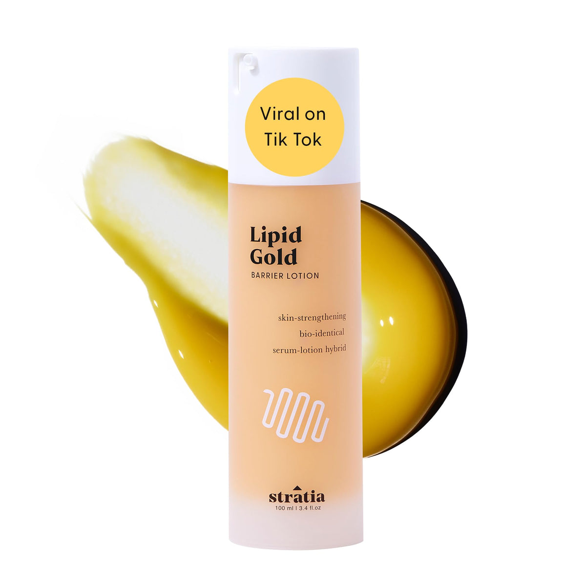 Stratia Lipid Gold bottle front view showing a ceramide moisturizer for all skin types.