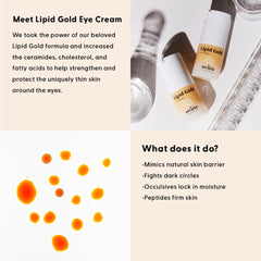 Stratia Lipid Gold Eye Cream texture close-up highlights ceramides and fatty acids supporting the skin barrier