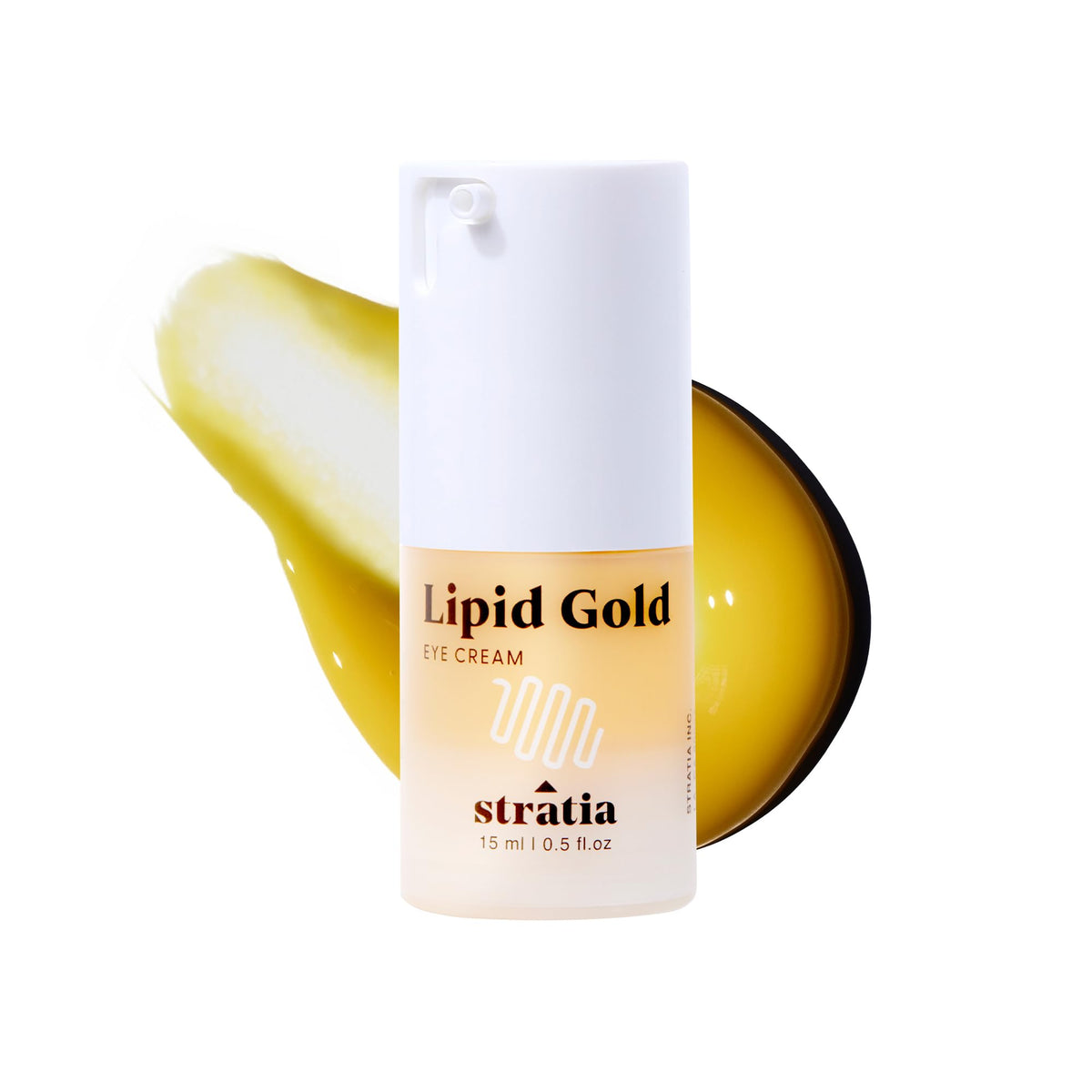 Stratia Lipid Gold Eye Cream tube showing skin-identical lipids for gentle under-eye care
