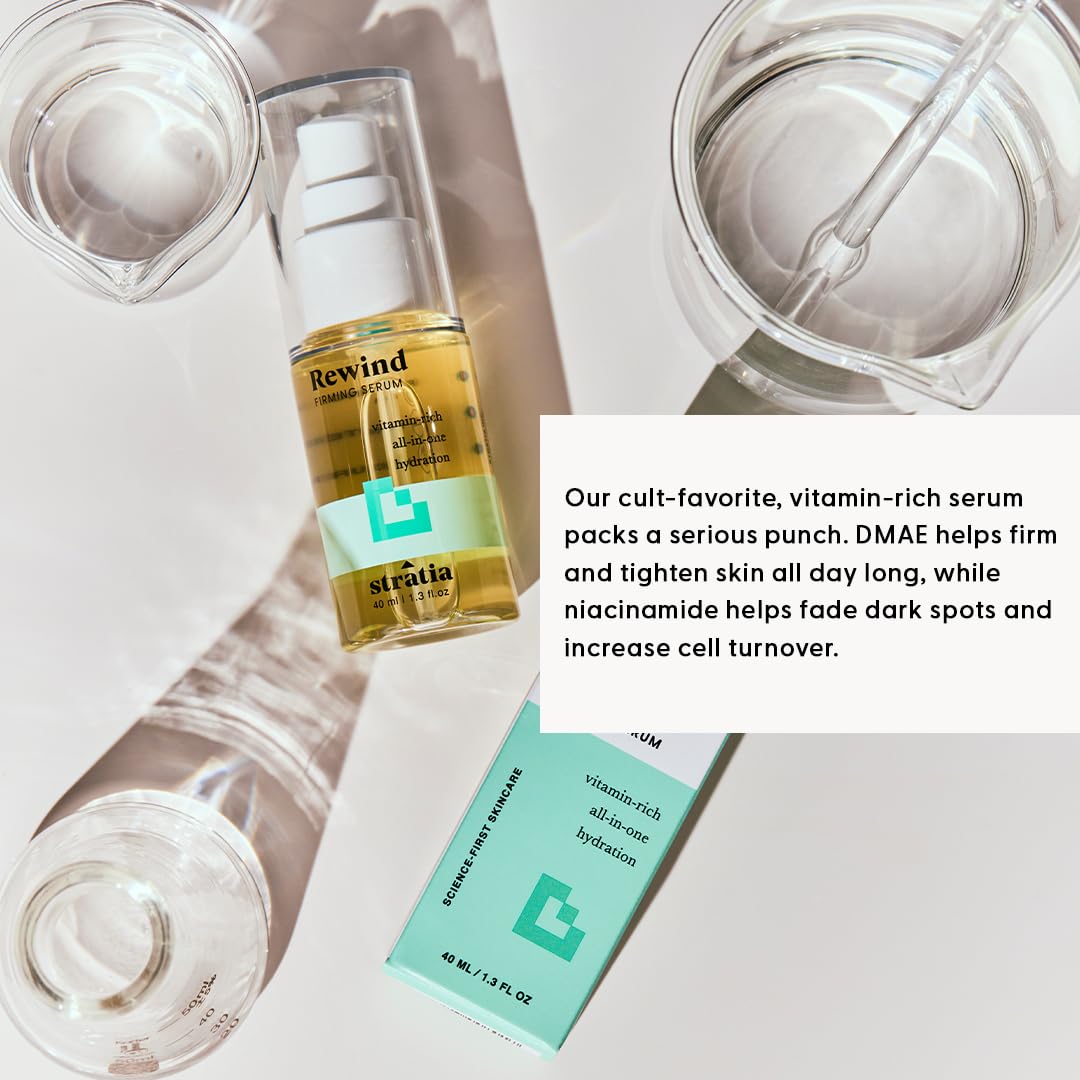 Stratia Rewind ingredients graphic underscores hyaluronic acid and niacinamide benefits