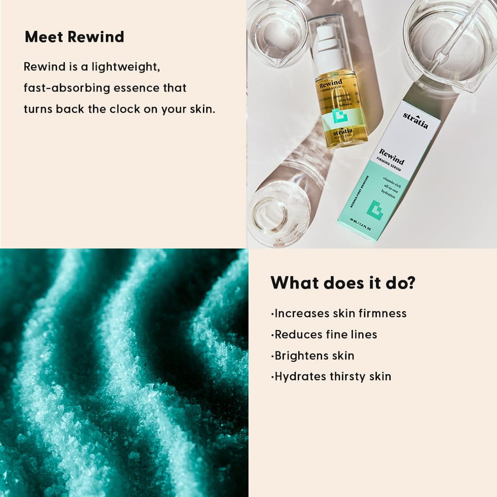 Stratia Rewind label closeup highlights key ingredients for glow and balance