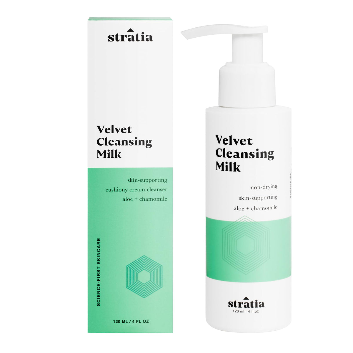 Stratia Velvet Cleansing Milk bottle front showcases a gentle, barrier-friendly cleanser for daily hydration.