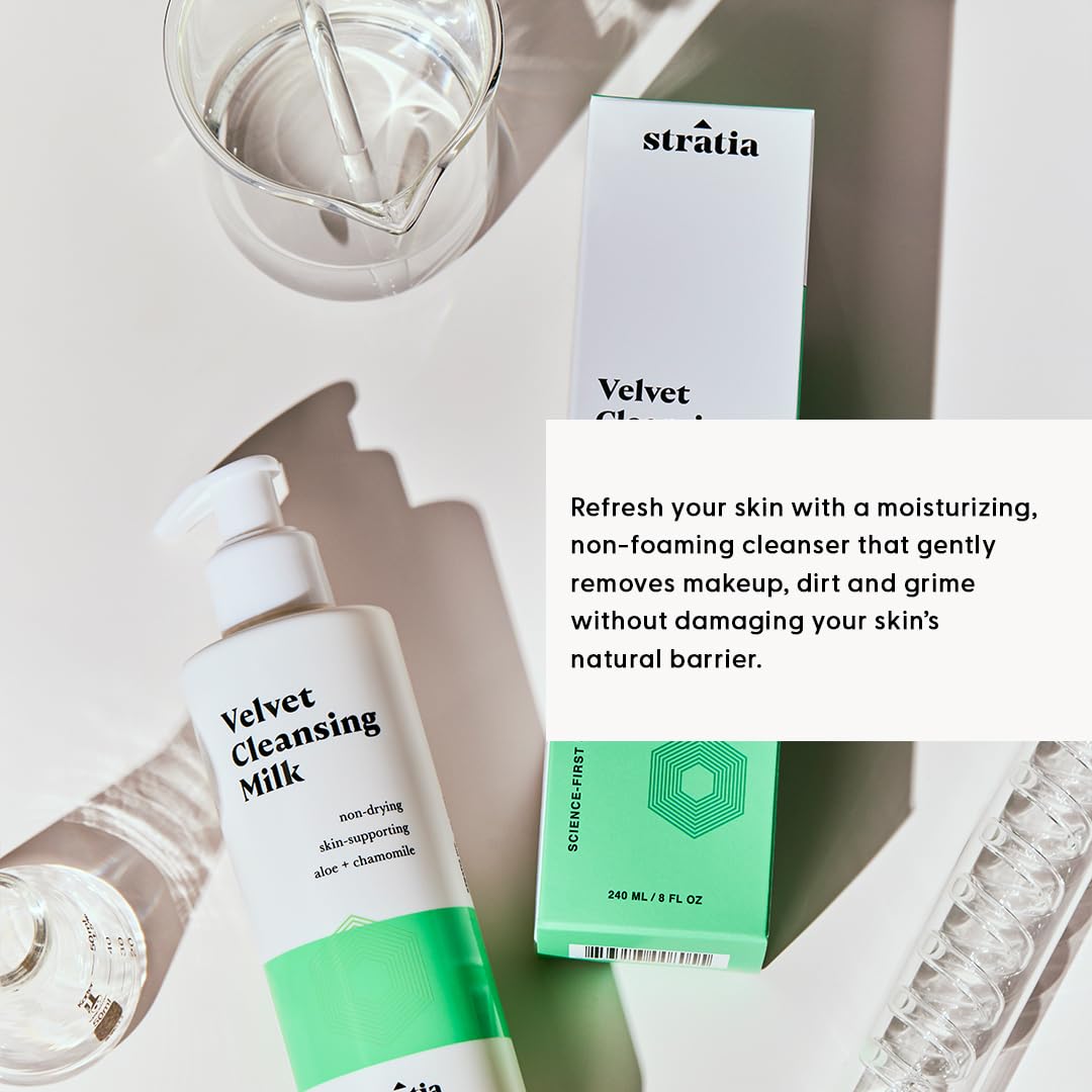 Stratia Velvet Cleansing Milk oil imagery conveys water-based olive oil lifting grime gently.