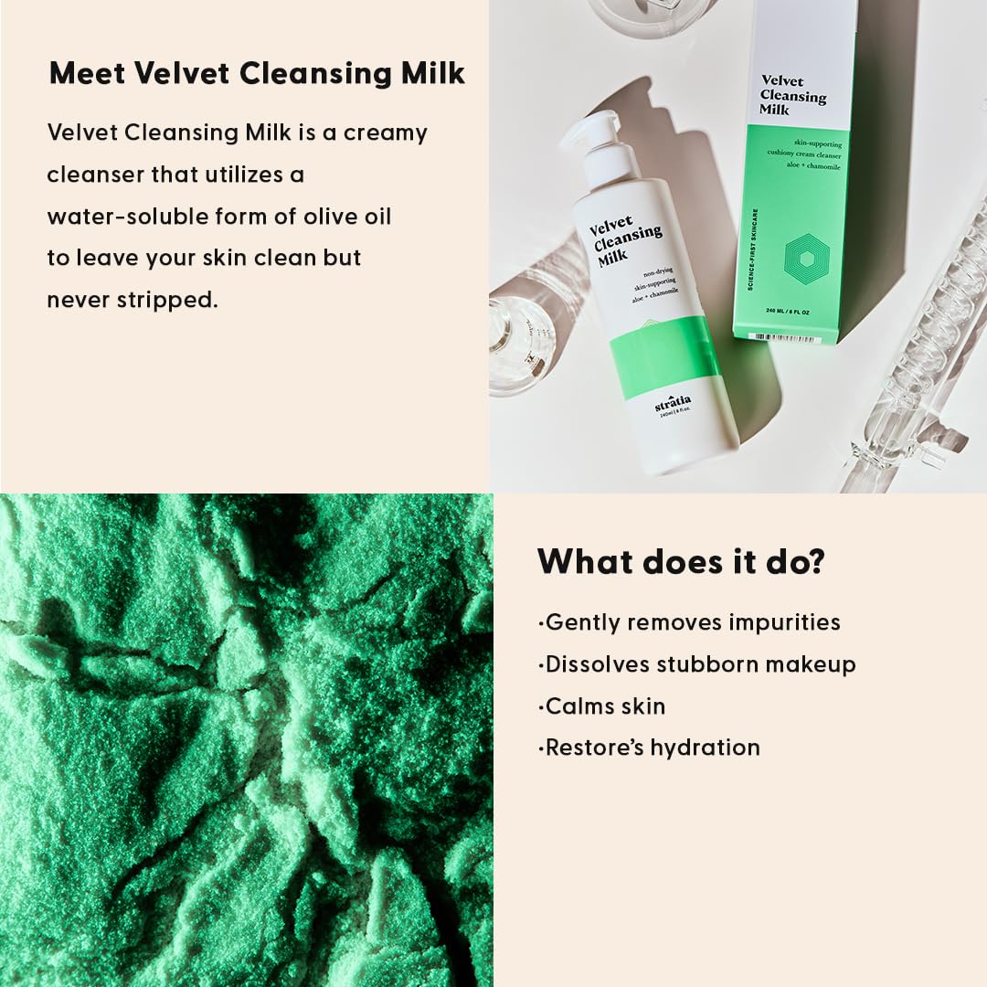 Stratia Velvet Cleansing Milk texture closeup shows creamy consistency that nourishes while removing makeup.